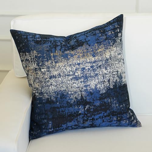THE-TINOART Navy Gold Jacquard Modern Pillow Cover 20x20 - Reversible Design with Gold Thread Embroidery, Luxury Velvet Back for Sofa & Bed Decor