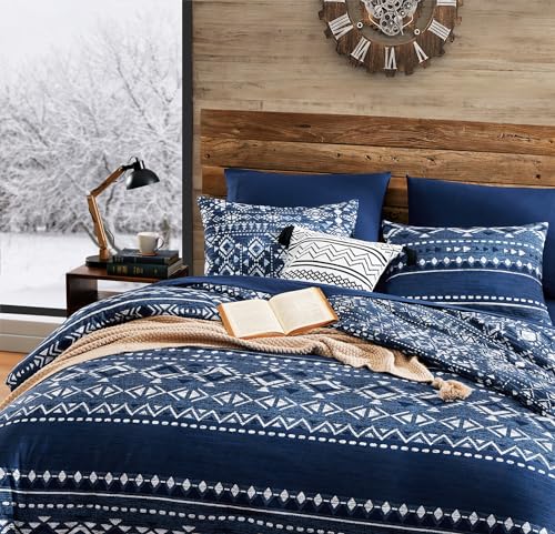 Image of Geniospin Full Comforter Set - 7 Pieces Comforters Full Size, Fluffy Boho Bedding Sets for All Seasons, Bed in a Bag with Flat Sheet and Fitted Sheet, Pillowcase & Sham (Blue, 80''x90'')