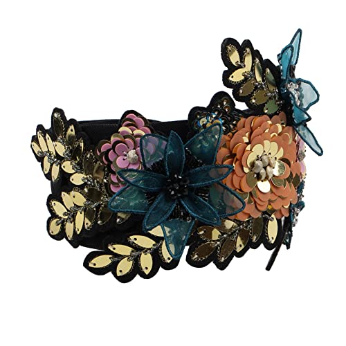 Florate Luxury Handmade Headband Hair Accessories Big Flower Sequins Bead Bling Bling Leaf Baroque Hairband for Women Party (black)