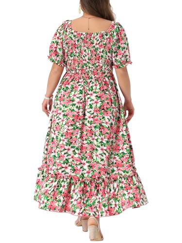 Image of Agnes Orinda Plus Size Dress for Women Short Sleeve Shirred Square Neck Floral Maxi Long Dresses