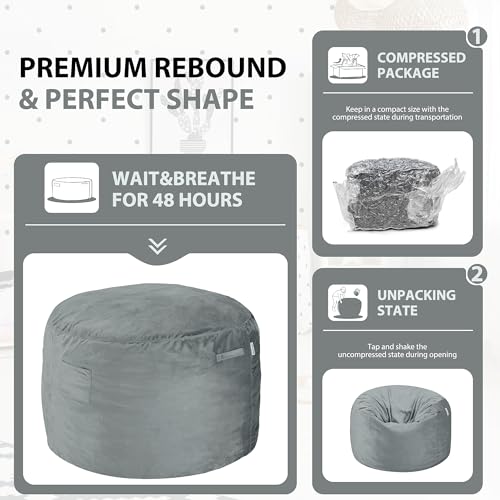 HABUTWAY Bean Bag Chair 3Ft Luxurious Velvet Ultra Soft Fur with High Rebound Memory Foam Bean Bag Chairs for Adults Plush Lazy Sofa with Fluffy Sponge 3' (Light Grey)