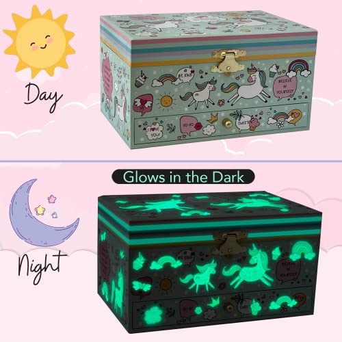 Musical Unicorn Jewelry Box for Girls - Glow in the Dark Kids Organizer Plays You Are My Sunshine with Necklace and Bracelet Set - Unicorn Gifts