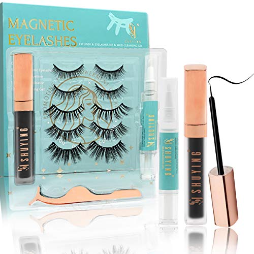 SY SHUYING Updated 3D Magnetic Eyelashes with Eyeliner Kit & Cleansing Gel 5 Pairs Natural Look & Reusable lashes
