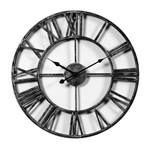 LVPY Reloj de pared de hierro plateado con números romanos y estilo vintage tradicional