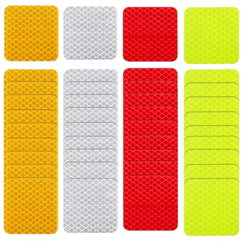 Image of Ymapinc 40PCS Square Reflective Warning Stickers - Fluorescent Yellow-Green, Yellow, Red, White, Waterproof PVC Safety Decals for Bike, Helmet and Vehicles