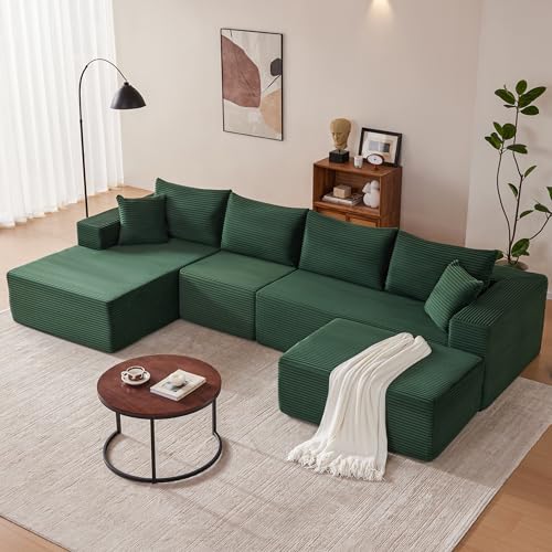 Image of Mangodan 140 inch Cloud Sectional Couch, Modular Sectional Sofa with Deep Seat, Boneless Sofa for Living Room, Fluffy Comfy U-Shaped Couch with Left Facing Chaise, No Assembly Required, Green