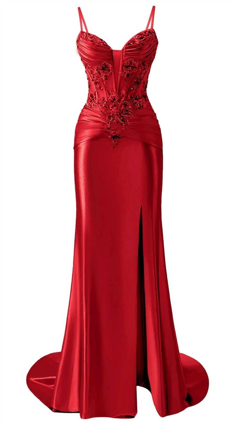 KIYNE Red Prom Dresses with Slit for Teens Lace Applique Mermaid Formal Celebrity Pageant Dress Satin Graduation Party Gown UK12