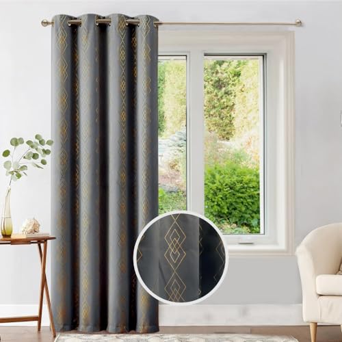 Image of Urban Space 80-85% True Blackout Curtains for Door, Gold Foil Printed Blackout Curtains, Blackout Decorative Door Curtain Eyelet with Tieback, 1 Piece Curtain for Living Room(Diamond Gray, 7 Feet)