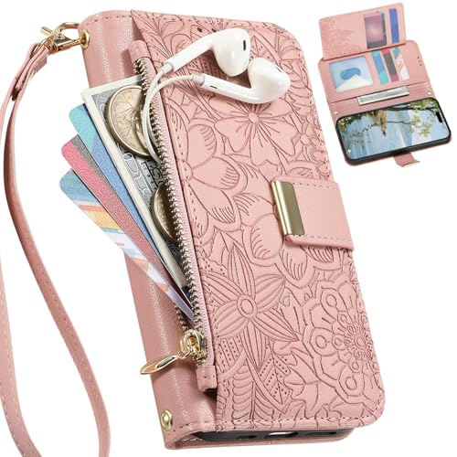 BaiFu Funda Tipo Cartera para OPPO A53 2020, Estampado Floral, Correa de Mano, Soporte y Cierre magnético, Bolsillo con Cremallera para OPPO A53 2020-Rosa