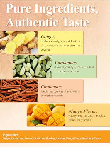 Image of LOOMICA Mango Ginger Tea Bags, Caffeine-Free, Spiced Herbal Tea with Ginger, Cardamom & Cinnamon, Naturally Sweet & Tropical Vibe, Perfect for Relaxation, 20 Counts