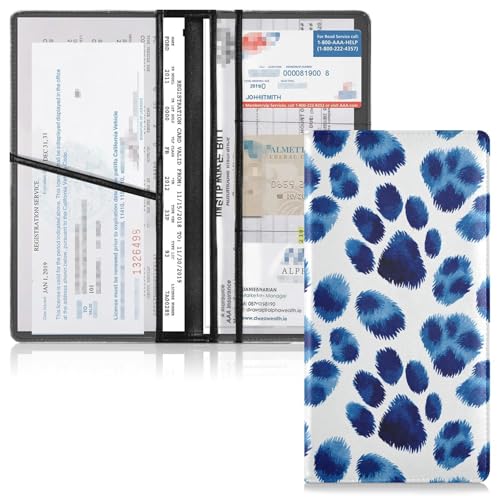 Car Registration and Insurance Holders Leopard Spots Blue Print, PU Leather for License Documents Cards
