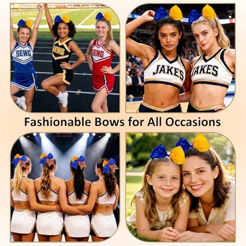 Large Cheer Bows, 8" Jumbo Cheerleading Hair Bows with Elastic Ponytail Holder, Handmade Grosgrain Ribbon Hair Accessories for Girls Softball, Volleyball, School Sports & Cheer Teams(ORN & BLU Sequin) — view 6