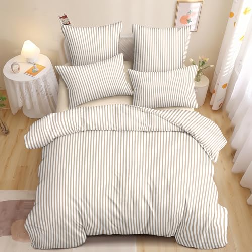 Image of Nayoroom Tan Striped Duvet Cover Queen Size Light Brown Stripe Duvet Cover Dorm Bedding Set 3 Pieces Soft Lightweight Washed Microfiber Farmhouse Bedding Set Gifts for Women Men