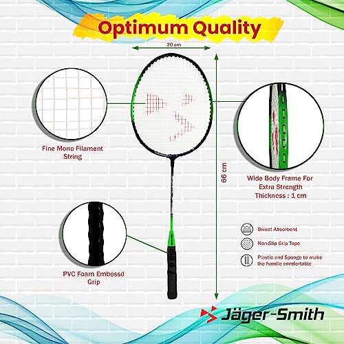 Image of Jager-Smith PB 2000 Combo Aluminium Badminton Racquet with Tempered Steel Shaft & Featherlite 2 (Pack of 3) Feather Shuttles Along with Nylon Badminton Net and Full Badminton Cover (Made in India)