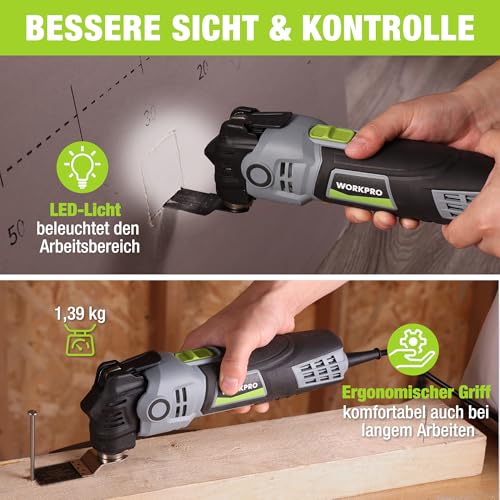 WORKPRO Oszillationswerkzeug, 400W Multifunktionswerkzeug mit 23 Zubehörteilen & Tasche, 6 Geschwindigkeiten (15000–22000 U/min), 3,5° Oszillationswinkel, Ideal zum Schneiden, Schleifen und Schaben