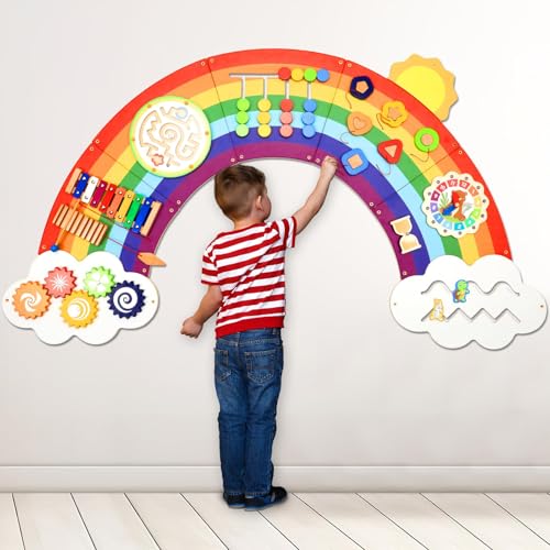 Image of 5FT Large Sunshine Rainbow Wooden Activity Wall Panel Christmas Gift Educational Montessori Toy for Toddler Kids Interactive Sensory Activity Busy Board Daycare Learning Center Toddler Room Decor