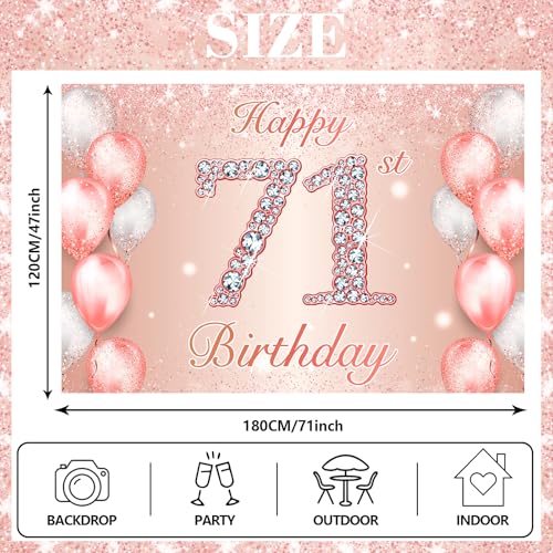 Image of Happy 71st Birthday Rose Gold Banner Cheers to 71 Years Old Backdrop Confetti Balloons Theme Decor for Women 71 Years Old Pink Birthday Party Decorations Bday Supplies Background Favors Gift Glitter
