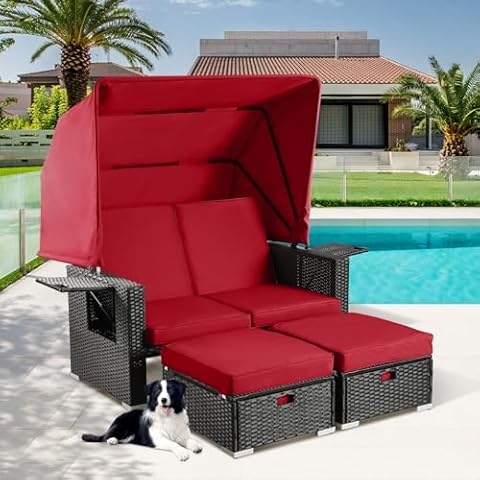 LEISU Outdoor Patio Furniture Sunbed with Retractable Canopy, PE Wicker Rattan Rectangle Sectional Sofa Set Clamshell Sectional Seating with Washable Cushions for Lawn Garden Poolside Backyard (Red) Cover