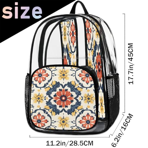 Boho Abstract Colorful Floral Clear Backpack for Stadium Events, Vintage Flowers Waterproof Clear Bag for Women Men Adult Sport Work Daily Music Festival and Concerts2