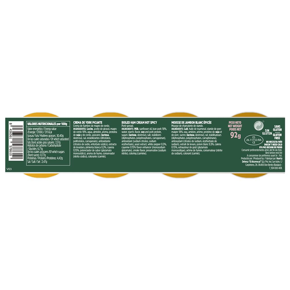 Iberitos - Crema Untable de Jamón de York Picante - Ideal para Untar Tostadas, Pan y Crackers - Ingredientes Selectos - Sin Gluten - Producto Fabricado en España - 16 Packs de 4 x 23 Gramos