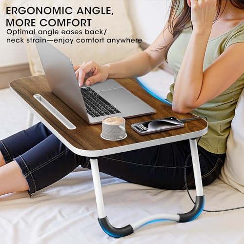 Image of Folding Lap Desk, 23.6 Inch Wood Laptop Bed Desk with Cup Holder, Portable Bed Table for Working Writing Reading, Eating for Bed, Floor, Sofa, Couch - Brown