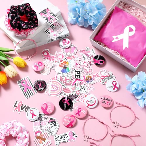 Capoda 98 Pcs Breast Cancer Awareness Accessories Includes Pink Ribbon Awareness Bracelets Hair Scrunchies Stickers Pins Makeup Bags Breast Cancer Survivor Items for Women Charity Event Supplies4