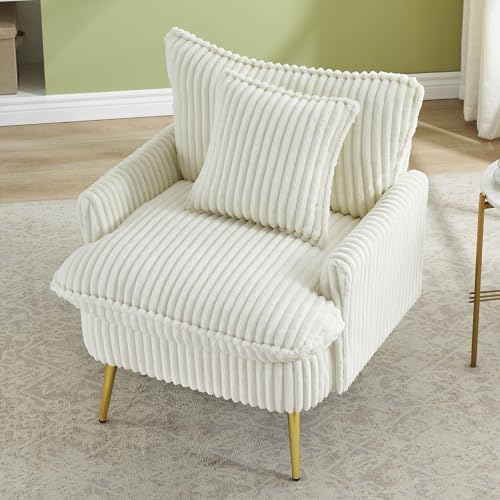 Sillón Corduroy Moderno Blanco con Brazos y Patas Doradas