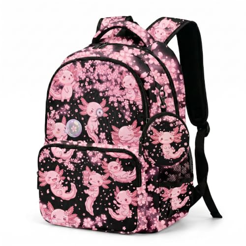 ZZRIUP Linda mochila para meninas, conjunto de mochila infantil com lancheira, estojo de lápis e bolsa de moedas, mochila escolar para ensino fundamental, Axolots, Large, Linda mochila Axolotl para