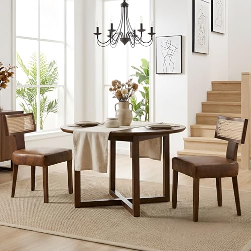 Image of HNY Mid Century Modern Rattan Dining Chairs Set of 2, Farmhouse PU Leather Upholstered Accent Chair Curved Backrest Kitchen Chairs, with Hardwood Frame, Brown