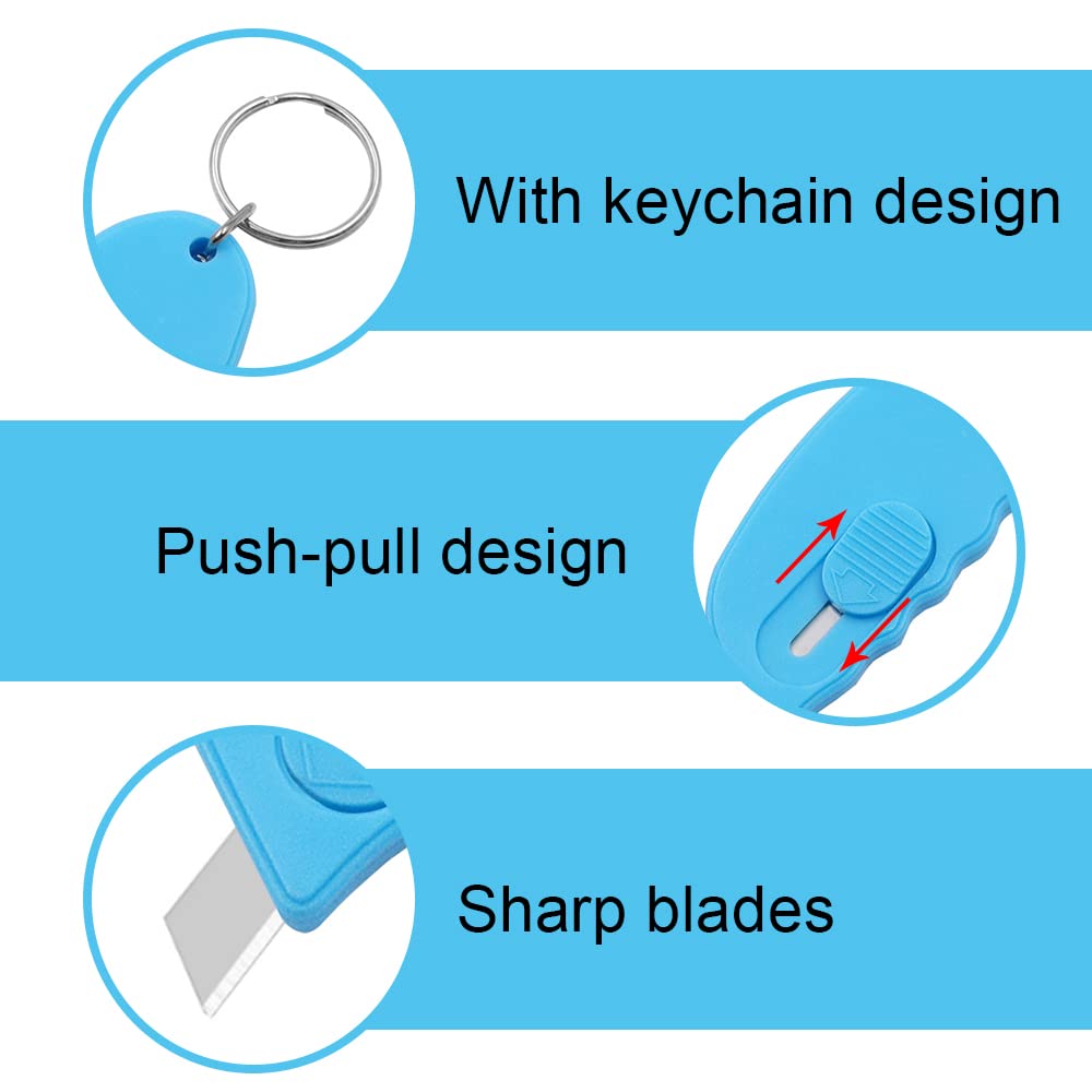 2 Pcs Mini Box Cutter Retractable Cute Keychain Knife Shrink Wrap Box Opener Tool Retraction Letter Cutter for Office Home Business Travelers(Random Color)