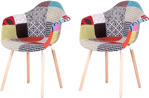 GrandCA HOME Pack de 2 Sillas de Comedor, Sillas de Cocina Nórdicas Sillas Tapizadas con Reposabrazos de Tela Patchwork, Sillones Modernos con Patas de Madera de Haya, Rojo-A5