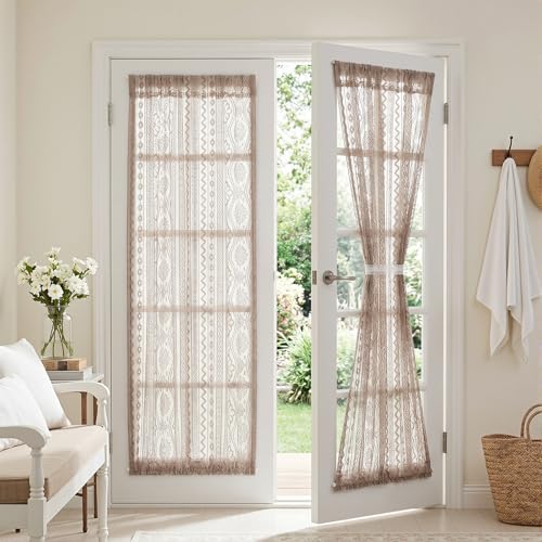 Image of MYSKY HOME Lace French Door Curtains 72 inch Long 2 Panels Boho Sheer Floral Curtains for Door Window Scalloped Doorway Sidelight Curtains Come with 2 Matching Tie-Backs, 26 inch Wide Each Panel, Brown