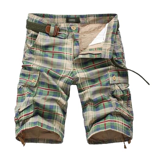 Men's Plaid Cargo Shorts Button Cool Multi-Pocket Straight Fast Dry Expandable Casual Fashion Outdoor Shorts (Green,36)