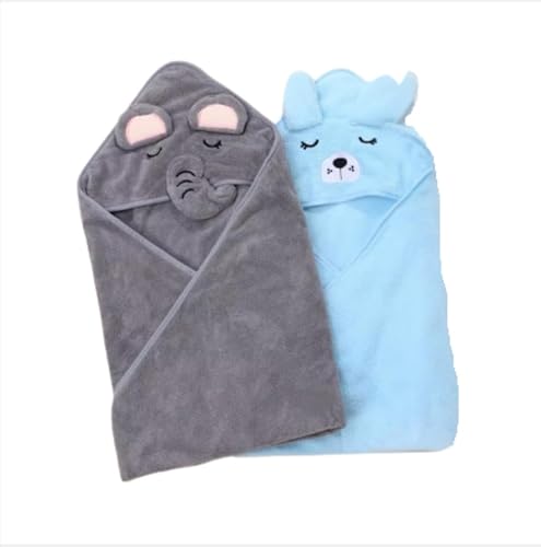 2 pcs Flannel Fleece Animal Hooded Soft Children's Hooded Cloak Cartoon Baby Coral Fleece Kids Bath Towel (Blue, Grey)