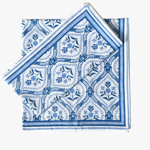 FINGERCRAFT Cloth Napkins Set of 4 Cotton Linen, 20x20 Inch, Damask Blue