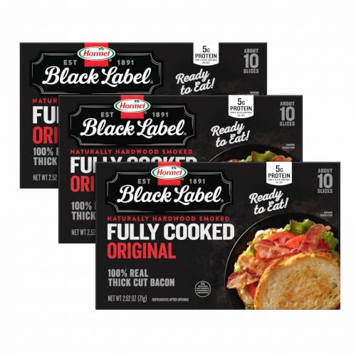 HORMEL BLACK LABEL Thick Cut, Fully Cooked Bacon for Ready to Eat Meals, No Refrigeration Needed, Gluten-Free, 2.52 oz Cooked (Pack of 3)