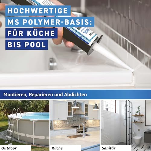 Everglue Poly Pool 1K MS-Polymer Montagekleber zum Kleben und Abdichten, unter Wasser einsetzbar, ohne Silikon, UV-beständig, bleibt dauerelastisch transparent