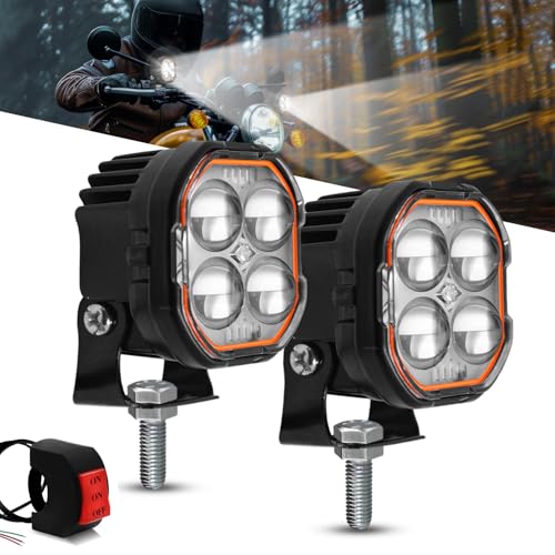 Image of FABTEC 4 Led Mini Drive Fog Light Projector Light with White /Yellow + Flasher Led DRL Pods Light wtih Devil Red Eye for Cars, Bikes, Scooty, Metal Body, Set of 2 Pcs