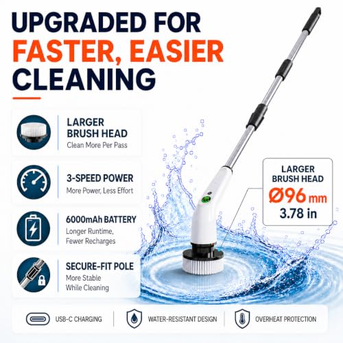 Image of PPLEE Electric Spin Scrubber, Cordless Shower Scrubber, 6000mAh, 3 Speeds