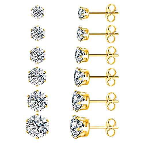 MDFUN 18K White Gold Plated Round Clear Cubic Zirconia Stud Earring Pack of 6 Pairs (6 Pairs)