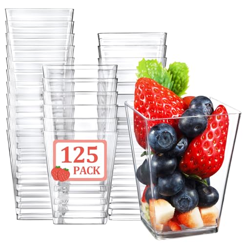 Eupako 125 Pack 5 OZ Plastic Mini Dessert Cups - Clear Small Parfait Cups Square Appetizer Cups for Fruit Pudding Mousse Ice Cream Party Wedding Valentines Day