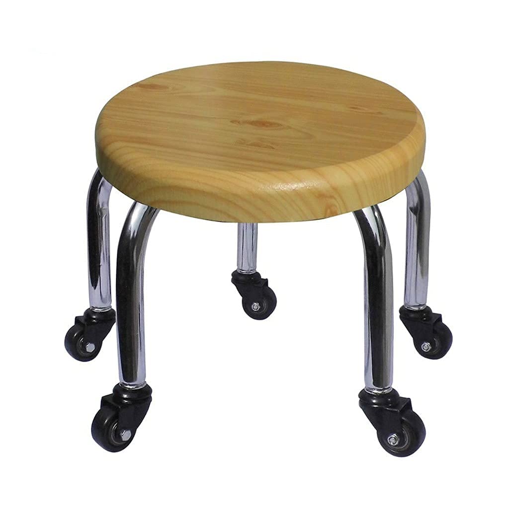 SnamicE Steel Pipe Frame Small Round Bench with Swivel Casters, Solid Wood Smooth Seat Portable Low Housework Stools for Kitchen,A,B