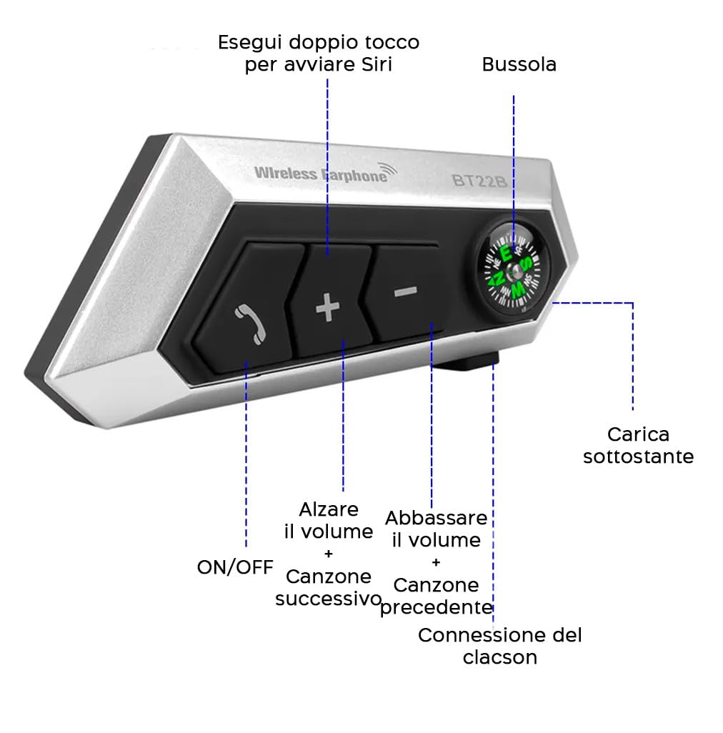 Auricolari Bluetooth Per Casco Moto Con Cancellazione Rumore | IPX6 E Batteria 1000mAh Per 20 Ore