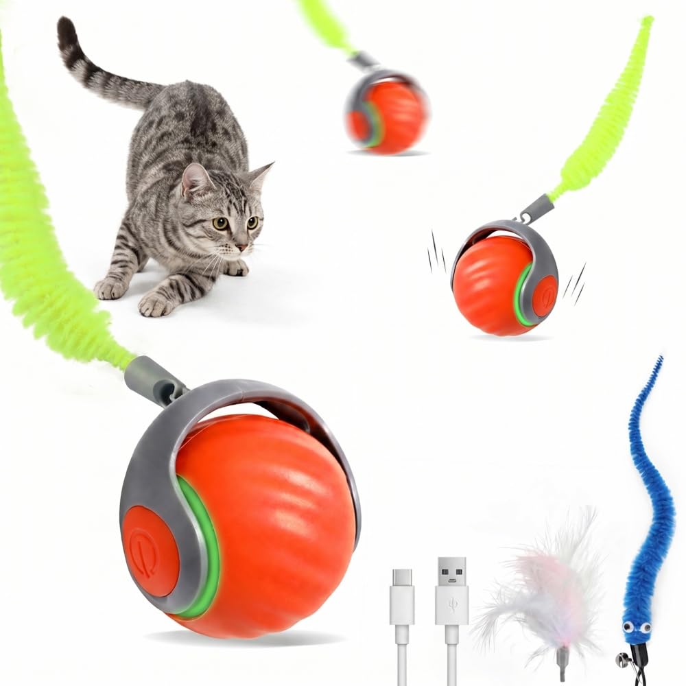 LDZ&CHX Pelota de juguete interactiva para gatos de interior, bola rodante activada por movimiento automático con 3 colas reemplazables, ejercicio divertido para gatos adultos aburridos