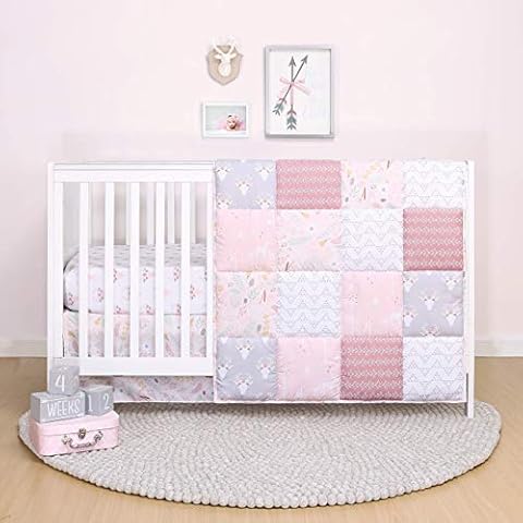 The Peanutshell Pink Floral Crib Bedding Set for Baby Girls - Quilt, Fitted Sheet, Dust Ruffle Included Cover