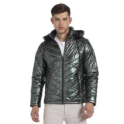 Image of Campus Sutra Men's Forest Green Zip-Front Quilted Puffer Jacket For Casual Wear | Hooded Neck | Long Sleeve | Zipper Closure | Polyester Jacket Crafted With Comfort Fit For Regular Wear