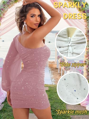 Image of ShawGobow Sparkly Outfits for Women,One Shoulder Ruched Bodycon Short Prom Dress,Sexy Dresses Cocktail Homecoming Nye