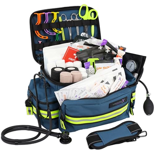 Lightning X Products Lightning X Mid-Sized First Responder EMT Bag | LXMB25 Fully Stocked w/ 240+ Aid EMS & Trauma Supplies - Blue