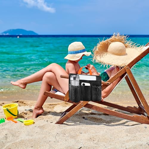 Beach Chair Cup Phone Holder Attachment Black Camp Chair Side Pocket Organizer Beach Chair Accessories Pouch Camping Chair Armrest Storage Bag with 4 Pockets for Water Bottle Sunglasse Book