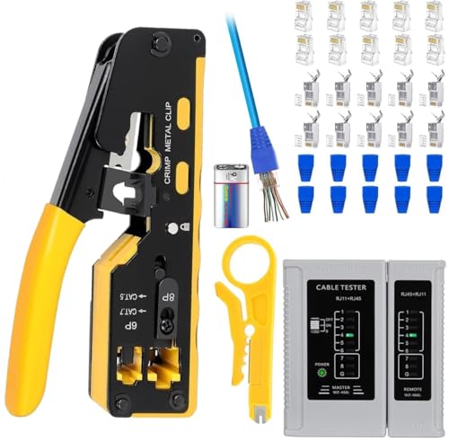 Image of XIKKART RJ45 Crimping Tool Kit, Passthrough Cat7 Cat6A Cat6 Cat5E Cat5 RJ45 Ethernet Crimp Tool with 10PCS Cat7 Pass Through Connectors 10PCS Cat6 Pass Through Connectors 10PCS Covers 1 Network Tester